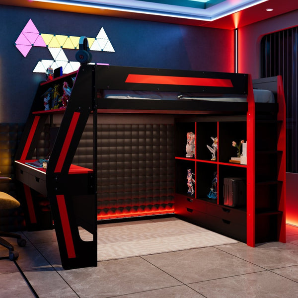 English Elm Full Size Gaming Loft Bed with Rgb Lighting Desk Usb Ports Drawers and Storage Cubbies Black+Red LT000287AAJ