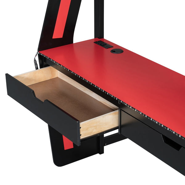 English Elm Full Size Gaming Loft Bed with Rgb Lighting Desk Usb Ports Drawers and Storage Cubbies Black+Red LT000287AAJ