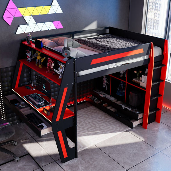 English Elm Full Size Gaming Loft Bed with Rgb Lighting Desk Usb Ports Drawers and Storage Cubbies Black+Red LT000287AAJ