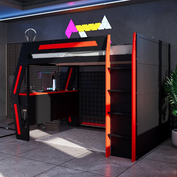 English Elm Full Size Gaming Loft Bed with Rgb Lighting Desk Usb Ports Drawers and Storage Cubbies Black+Red LT000287AAJ