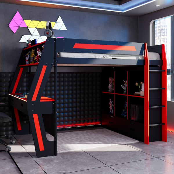 English Elm Full Size Gaming Loft Bed with Rgb Lighting Desk Usb Ports Drawers and Storage Cubbies Black+Red LT000287AAJ