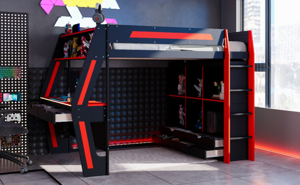 English Elm Full Size Gaming Loft Bed with Rgb Lighting Desk Usb Ports Drawers and Storage Cubbies Black+Red LT000287AAJ