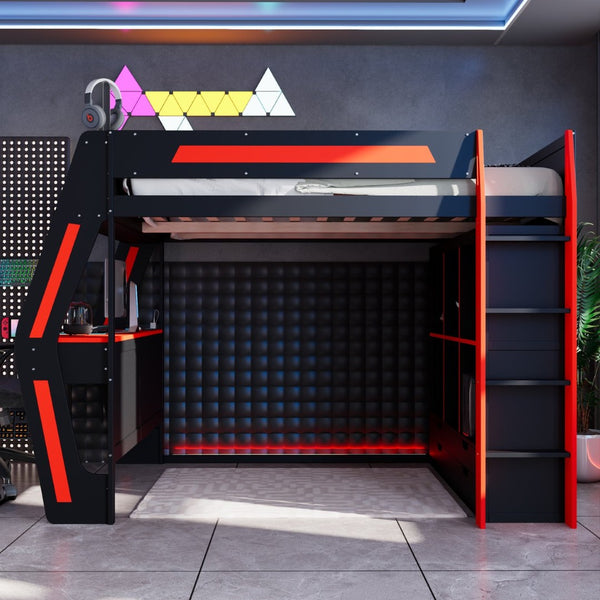 English Elm Full Size Gaming Loft Bed with Rgb Lighting Desk Usb Ports Drawers and Storage Cubbies Black+Red LT000287AAJ