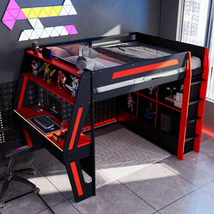 English Elm Full Size Gaming Loft Bed with Rgb Lighting Desk Usb Ports Drawers and Storage Cubbies Black+Red LT000287AAJ