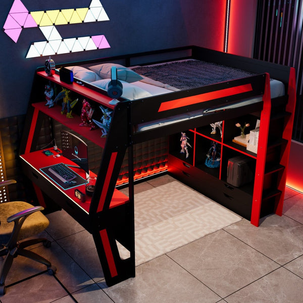 English Elm Full Size Gaming Loft Bed with Rgb Lighting Desk Usb Ports Drawers and Storage Cubbies Black+Red LT000287AAJ