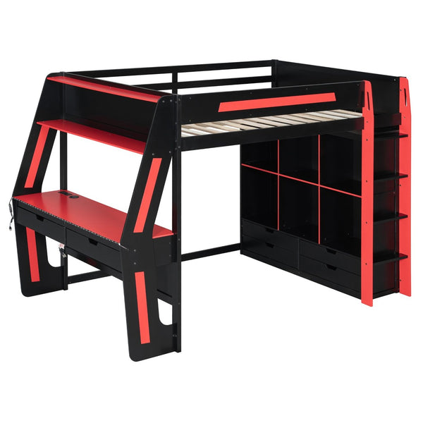 English Elm Full Size Gaming Loft Bed with Rgb Lighting Desk Usb Ports Drawers and Storage Cubbies Black+Red LT000287AAJ