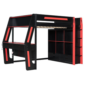 English Elm Full Size Gaming Loft Bed with Rgb Lighting Desk Usb Ports Drawers and Storage Cubbies Black+Red LT000287AAJ
