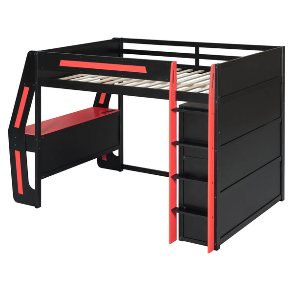 English Elm Full Size Gaming Loft Bed with Rgb Lighting Desk Usb Ports Drawers and Storage Cubbies Black+Red LT000287AAJ