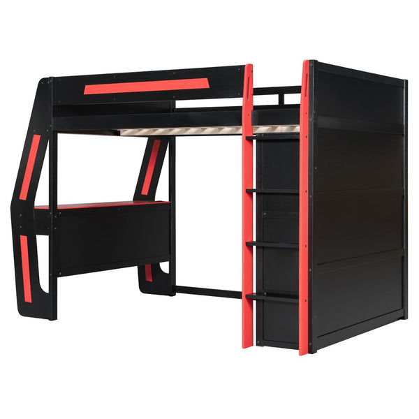 English Elm Full Size Gaming Loft Bed with Rgb Lighting Desk Usb Ports Drawers and Storage Cubbies Black+Red LT000287AAJ