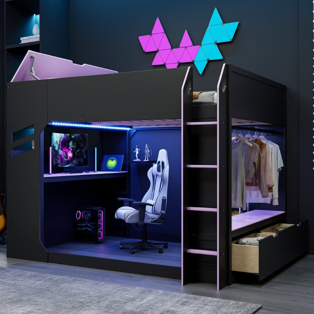 English Elm Full Size Gaming Loft Bed with Rgb Desk Drawers and Hanging Rod for Teen Rooms LT000288AAI