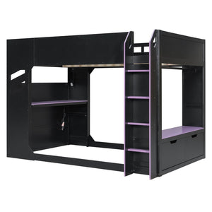English Elm Full Size Gaming Loft Bed with Rgb Desk Drawers and Hanging Rod for Teen Rooms LT000288AAI