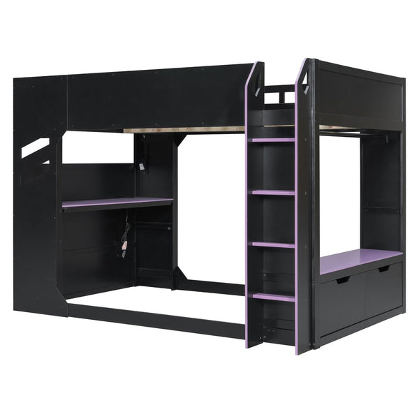 English Elm Full Size Gaming Loft Bed with Rgb Desk Drawers and Hanging Rod for Teen Rooms LT000288AAI