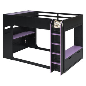 English Elm Full Size Gaming Loft Bed with Rgb Desk Drawers and Hanging Rod for Teen Rooms LT000288AAI