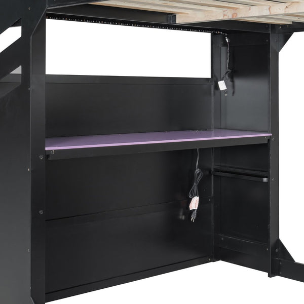 English Elm Full Size Gaming Loft Bed with Rgb Desk Drawers and Hanging Rod for Teen Rooms LT000288AAI