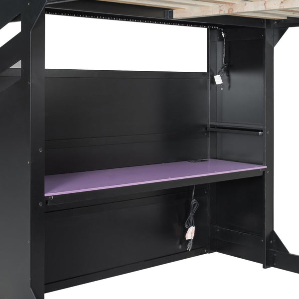English Elm Full Size Gaming Loft Bed with Rgb Desk Drawers and Hanging Rod for Teen Rooms LT000288AAI