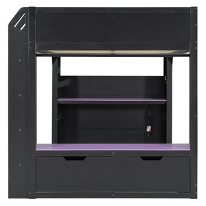 English Elm Full Size Gaming Loft Bed with Rgb Desk Drawers and Hanging Rod for Teen Rooms LT000288AAI