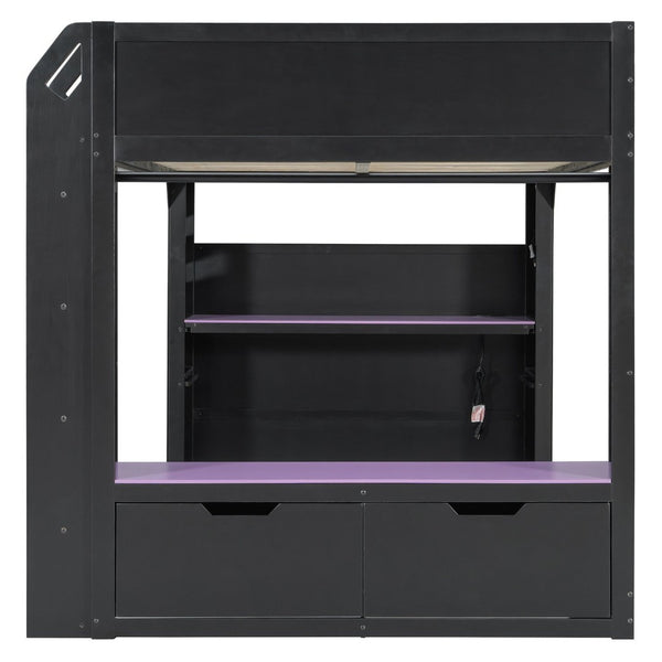 English Elm Full Size Gaming Loft Bed with Rgb Desk Drawers and Hanging Rod for Teen Rooms LT000288AAI