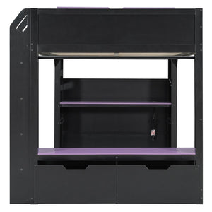 English Elm Full Size Gaming Loft Bed with Rgb Desk Drawers and Hanging Rod for Teen Rooms LT000288AAI