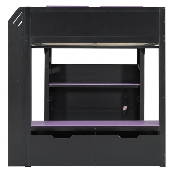 English Elm Full Size Gaming Loft Bed with Rgb Desk Drawers and Hanging Rod for Teen Rooms LT000288AAI
