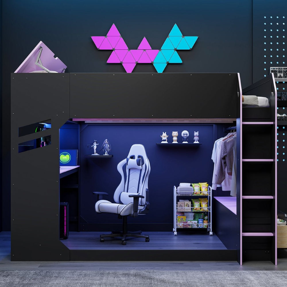 English Elm Full Size Gaming Loft Bed with Rgb Desk Drawers and Hanging Rod for Teen Rooms LT000288AAI