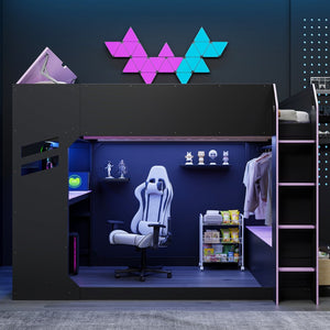 English Elm Full Size Gaming Loft Bed with Rgb Desk Drawers and Hanging Rod for Teen Rooms LT000288AAI