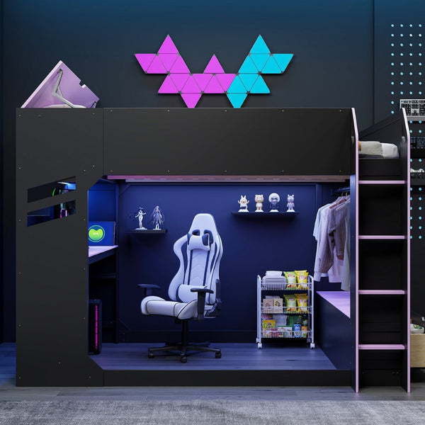 English Elm Full Size Gaming Loft Bed with Rgb Desk Drawers and Hanging Rod for Teen Rooms LT000288AAI