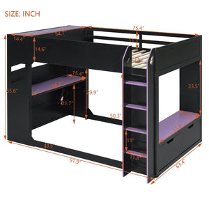 English Elm Full Size Gaming Loft Bed with Rgb Desk Drawers and Hanging Rod for Teen Rooms LT000288AAI