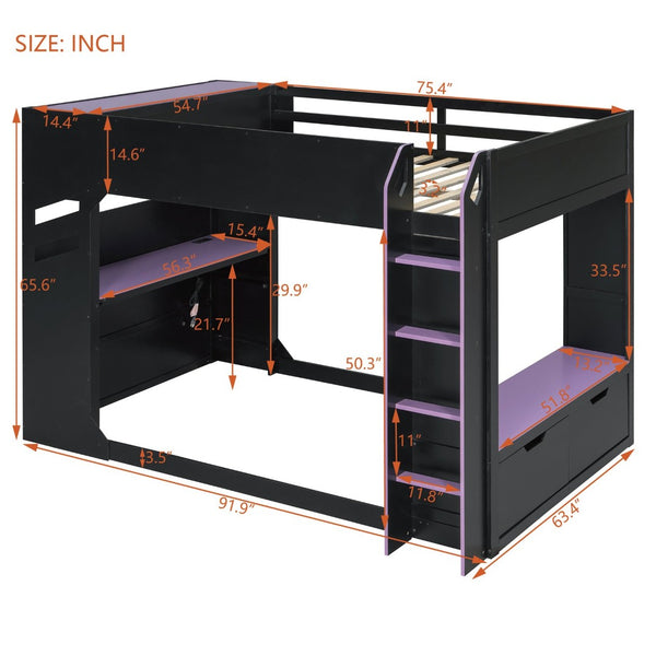 English Elm Full Size Gaming Loft Bed with Rgb Desk Drawers and Hanging Rod for Teen Rooms LT000288AAI