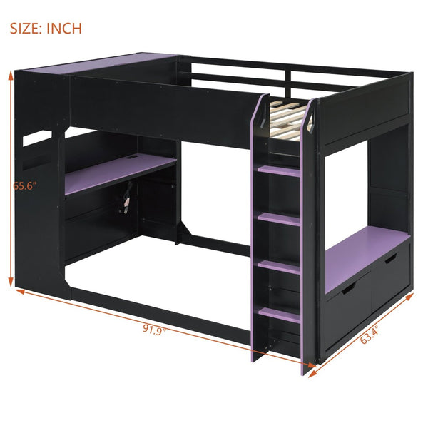 English Elm Full Size Gaming Loft Bed with Rgb Desk Drawers and Hanging Rod for Teen Rooms LT000288AAI