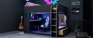 English Elm Full Size Gaming Loft Bed with Rgb Desk Drawers and Hanging Rod for Teen Rooms LT000288AAI