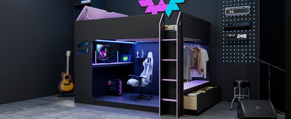 English Elm Full Size Gaming Loft Bed with Rgb Desk Drawers and Hanging Rod for Teen Rooms LT000288AAI