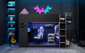 English Elm Full Size Gaming Loft Bed with Rgb Desk Drawers and Hanging Rod for Teen Rooms LT000288AAI