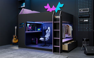 English Elm Full Size Gaming Loft Bed with Rgb Desk Drawers and Hanging Rod for Teen Rooms LT000288AAI