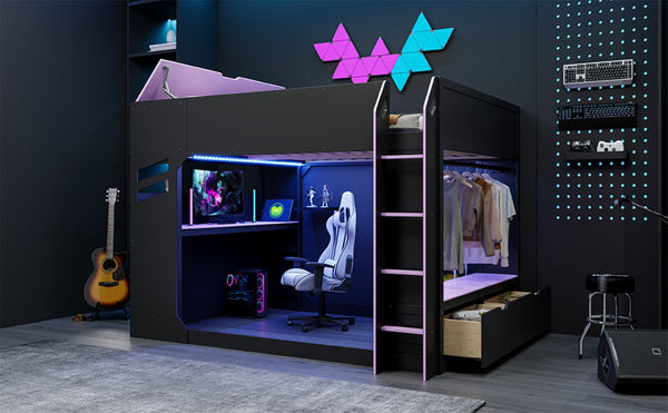 English Elm Full Size Gaming Loft Bed with Rgb Desk Drawers and Hanging Rod for Teen Rooms LT000288AAI