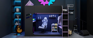 English Elm Full Size Gaming Loft Bed with Rgb Desk Drawers and Hanging Rod for Teen Rooms LT000288AAI