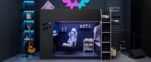 English Elm Full Size Gaming Loft Bed with Rgb Desk Drawers and Hanging Rod for Teen Rooms LT000288AAI