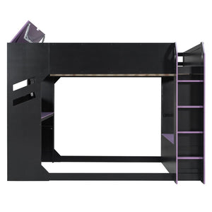 English Elm Full Size Gaming Loft Bed with Rgb Desk Drawers and Hanging Rod for Teen Rooms LT000288AAI