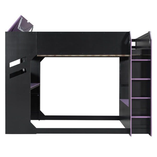 English Elm Full Size Gaming Loft Bed with Rgb Desk Drawers and Hanging Rod for Teen Rooms LT000288AAI