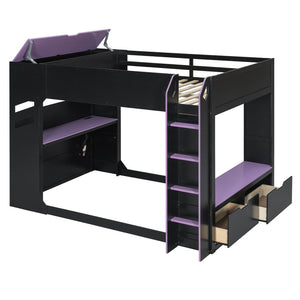 English Elm Full Size Gaming Loft Bed with Rgb Desk Drawers and Hanging Rod for Teen Rooms LT000288AAI