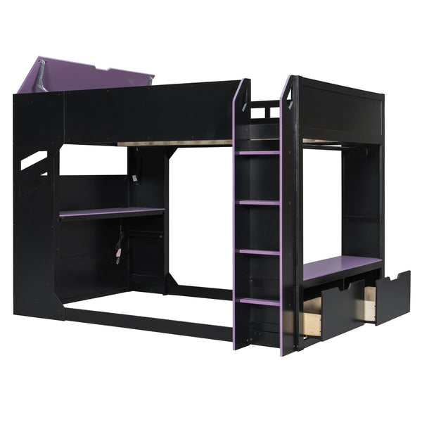 English Elm Full Size Gaming Loft Bed with Rgb Desk Drawers and Hanging Rod for Teen Rooms LT000288AAI