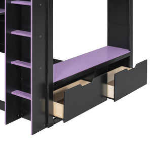 English Elm Full Size Gaming Loft Bed with Rgb Desk Drawers and Hanging Rod for Teen Rooms LT000288AAI