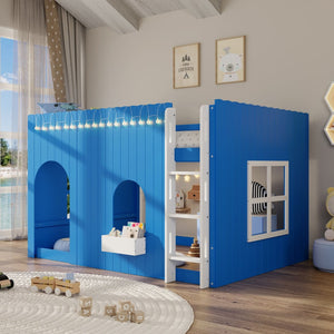 English Elm Full Size Kids Loft Bed Cottage House Style with LED Lights and Fence Railings Blue LT000294AAC