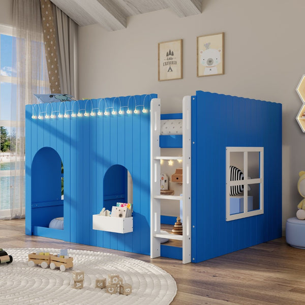 English Elm Full Size Kids Loft Bed Cottage House Style with LED Lights and Fence Railings Blue LT000294AAC