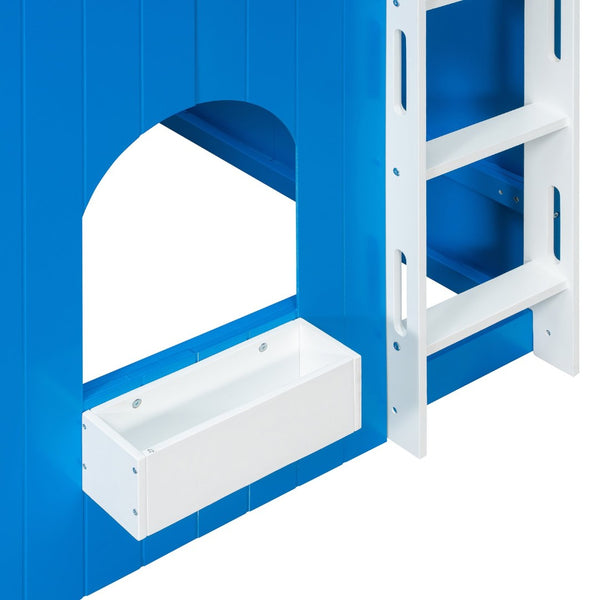 English Elm Full Size Kids Loft Bed Cottage House Style with LED Lights and Fence Railings Blue LT000294AAC