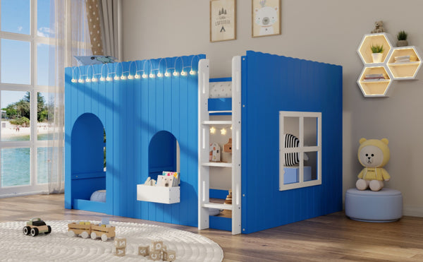 English Elm Full Size Kids Loft Bed Cottage House Style with LED Lights and Fence Railings Blue LT000294AAC