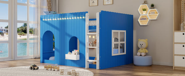 English Elm Full Size Kids Loft Bed Cottage House Style with LED Lights and Fence Railings Blue LT000294AAC