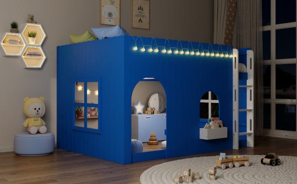 English Elm Full Size Kids Loft Bed Cottage House Style with LED Lights and Fence Railings Blue LT000294AAC