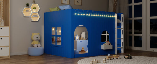 English Elm Full Size Kids Loft Bed Cottage House Style with LED Lights and Fence Railings Blue LT000294AAC