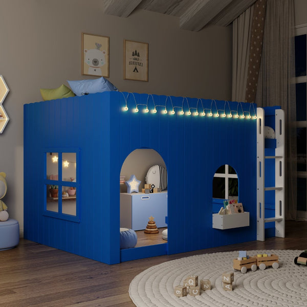 English Elm Full Size Kids Loft Bed Cottage House Style with LED Lights and Fence Railings Blue LT000294AAC