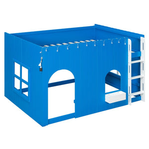 English Elm Full Size Kids Loft Bed Cottage House Style with LED Lights and Fence Railings Blue LT000294AAC
